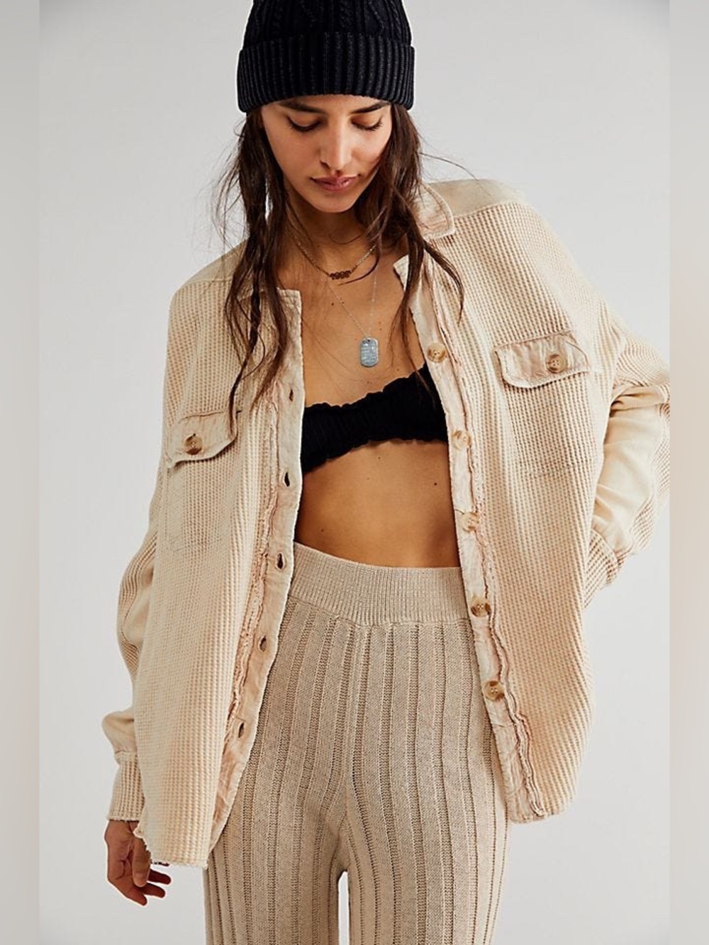 Free People FP One Slouchy Waffle Knit Scout Jacket/shacket in Beige/Sand, M
